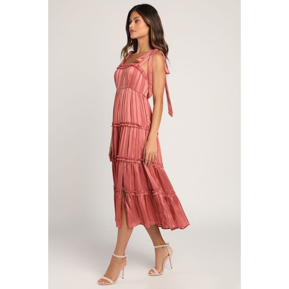 Lulus Rose Pink Metallic Striped Tiered Tie-Strap Midi Maxi Dress Size Medium ZQ - Picture 3 of 11